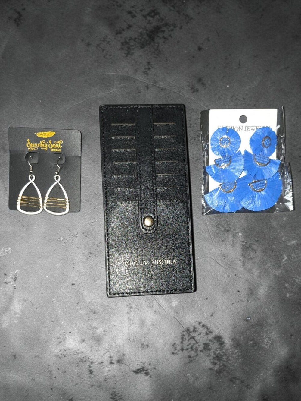 Mishka Black Faux Leather Card & Key Holder with Snap Strap And earring Bundle